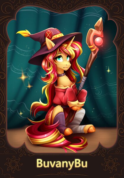 Size: 1668x2388 | Tagged: safe, artist:buvanybu, derpibooru import, sunset shimmer, pony, unicorn, anime, belt, clothes, cloud, cloven hooves, cosplay, costume, cute, deviantart watermark, dress, female, hat, hooves, horn, image, jpeg, konosuba, megumin, obtrusive watermark, scepter, shimmerbetes, smiling, solo, staff, sunset cosplay flashmob, watermark, witch hat