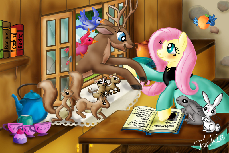 Size: 1701x1134 | Tagged: safe, artist:ebonypegasus, derpibooru import, angel bunny, fluttershy, bird, deer, pegasus, pony, squirrel, animatic, book, cookbook, female, image, jpeg, pinkie tales, slumberjack