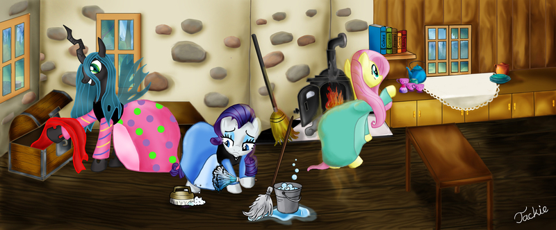 Size: 3839x1594 | Tagged: safe, artist:ebonypegasus, derpibooru import, fluttershy, queen chrysalis, rarity, changeling, pegasus, pony, unicorn, book, broom, cleaning, clothes, cottage, dress, female, image, jpeg, mop, pinkie tales, slumberjack, stove, trio