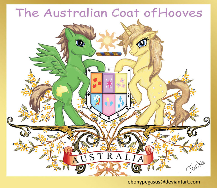 Size: 961x832 | Tagged: safe, artist:ebonypegasus, derpibooru import, oc, pegasus, pony, unicorn, applejack's cutie mark, australia, celestia's cutie mark, coat of arms, cutie mark, duo, female, horn, image, jpeg, male, pegasus oc, pinkie pie's cutie mark, rainbow dash's cutie mark, rarity's cutie mark, twilight sparkle's cutie mark, unicorn oc, wings