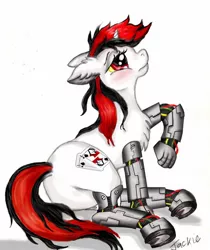 Size: 1212x1440 | Tagged: safe, alternate version, artist:ebonypegasus, derpibooru import, oc, oc:blackjack, unofficial characters only, cyborg, pony, unicorn, fallout equestria, fallout equestria: project horizons, blushing, fanfic art, female, horn, image, jpeg, prosthetics, simple background, solo, unicorn oc, white background