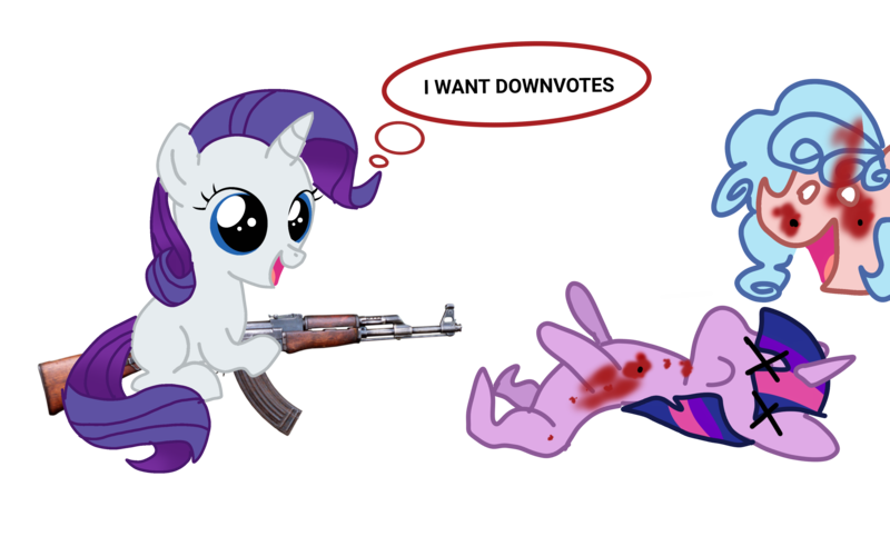 Size: 4000x2500 | Tagged: grimdark, derpibooru import, cozy glow, rarity, twilight sparkle, pegasus, pony, unicorn, comic:insane filly rarity, 1000 hours in ms paint, 1000 years in photoshop, abuse, ak-47, assault rifle, blood, cozybuse, cute, dead body, disembodied head, downvote bait, female, filly, filly rarity, gun, high res, holding weapon, horn, image, insanity, looking at someone, op is on drugs, open mouth, png, raised hoof, raribetes, rifle, simple background, speech bubble, text, transparent background, twilybuse, wat, weapon, white eyes, wtf, younger