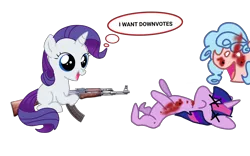 Size: 4000x2500 | Tagged: grimdark, derpibooru import, cozy glow, rarity, twilight sparkle, pegasus, pony, unicorn, comic:insane filly rarity, 1000 hours in ms paint, 1000 years in photoshop, abuse, ak-47, assault rifle, blood, cozybuse, cute, dead body, disembodied head, downvote bait, female, filly, filly rarity, gun, high res, holding weapon, horn, image, insanity, looking at someone, open mouth, op is on drugs, png, raised hoof, raribetes, rifle, simple background, speech bubble, text, transparent background, twilybuse, wat, weapon, white eyes, wtf, younger