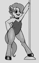 Size: 1189x1940 | Tagged: suggestive, artist:pencilfriend, derpibooru import, fluttershy, anthro, pegasus, pony, bunny suit, clothes, eyeshadow, fishnets, gray background, grayscale, hairpin, hand behind back, hoof polish, image, makeup, monochrome, png, pole dancing, simple background, skimpy outfit, smiling, solo, stripper pole, wings