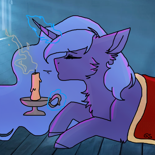 Size: 500x500 | Tagged: safe, artist:galaxy-starsowo, artist:greenmarta, derpibooru import, princess luna, alicorn, pony, candle, collaboration, eyes closed, female, glow, glowing horn, horn, image, magic, png, solo, telekinesis