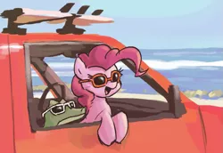Size: 833x572 | Tagged: safe, artist:plunger, ponerpics import, gummy, pinkie pie, crocodile, earth pony, pony, beach, car, cute, drawthread, happy, image, open mouth, open smile, pet, png, smiling, sunglasses, truck, water