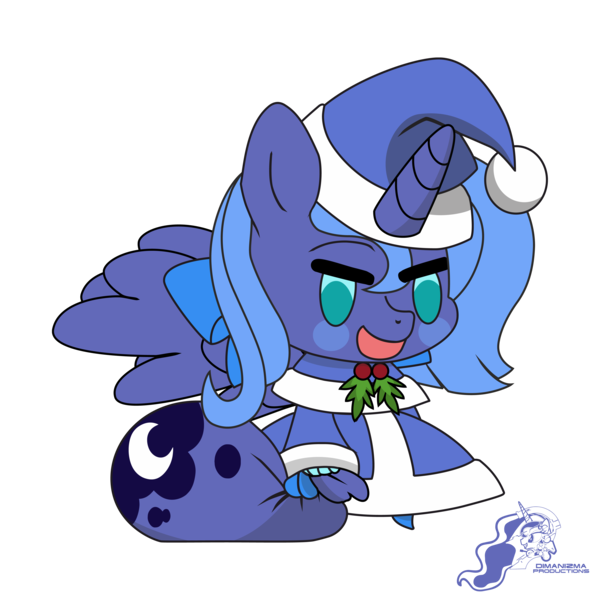 Size: 9934x9934 | Tagged: safe, artist:dimanizma, derpibooru import, princess luna, alicorn, pony, bag, chibi, christmas, clothes, costume, cute, fate/stay night, female, filly, foal, happy new year, hat, holiday, horn, image, padoru, png, santa costume, santa hat, simple background, solo, transparent background, watermark, wings, woona, younger
