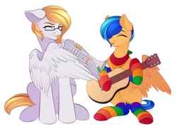 Size: 3997x2903 | Tagged: safe, artist:vetta, derpibooru import, oc, oc:eclair winglain, oc:ludwig von leeb, pegasus, pony, clothes, female, guitar, image, male, mare, musical instrument, png, rainbow socks, simple background, socks, stallion, striped socks, trumpet, white background