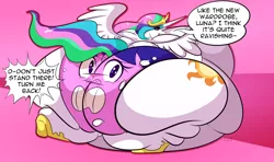 Size: 3310x1965 | Tagged: suggestive, artist:buttery-inkling, derpibooru import, princess celestia, twilight sparkle, alicorn, pony, butt, clothes, clothing transformation, dialogue, image, implied princess luna, inanimate tf, large butt, panties, pantified, png, transformation, twipanties, underwear
