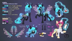 Size: 1536x864 | Tagged: safe, artist:calena, derpibooru import, changeling queen oc, oc, oc:queen fylifa, unofficial characters only, changeling, changeling queen, antennae, changeling oc, chemicals, chemistry, fairy wings, female, image, png, radioactive, reference sheet, wings
