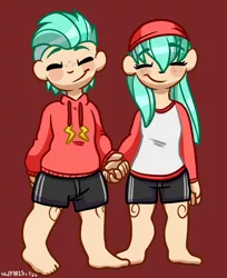 Size: 1458x1787 | Tagged: safe, artist:walpurgie, derpibooru import, barley barrel, pickle barrel, human, barrel twins, brother and sister, clothes, eyes closed, female, holding hands, hoodie, humanized, image, male, png, shorts, siblings, smiling, twins
