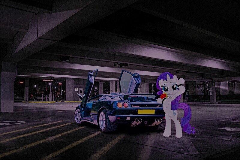 Size: 9797x6531 | Tagged: safe, artist:bluse, derpibooru import, edit, rarity, pony, unicorn, absurd resolution, bipedal, car, derpibooru exclusive, female, flower, flower in mouth, image, jpeg, lamborghini, lamborghini diablo, looking at you, mare, mouth hold, rose, rose in mouth, sexy, smiling, smiling at you, solo