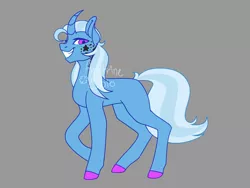 Size: 1280x960 | Tagged: safe, artist:ametrinesolo, derpibooru import, trixie, pony, unicorn, artist signature, female, gray background, grin, image, jpeg, looking at you, mare, missing cutie mark, raised hoof, redesign, signature, simple background, smiling, smiling at you, solo