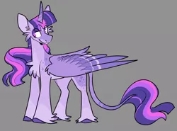 Size: 1282x948 | Tagged: safe, artist:rockin_candies, derpibooru import, twilight sparkle, twilight sparkle (alicorn), alicorn, pony, butt fluff, curved horn, female, freckles, gray background, horn, image, jpeg, leonine tail, simple background, smiling, solo, tail, unshorn fetlocks, wings