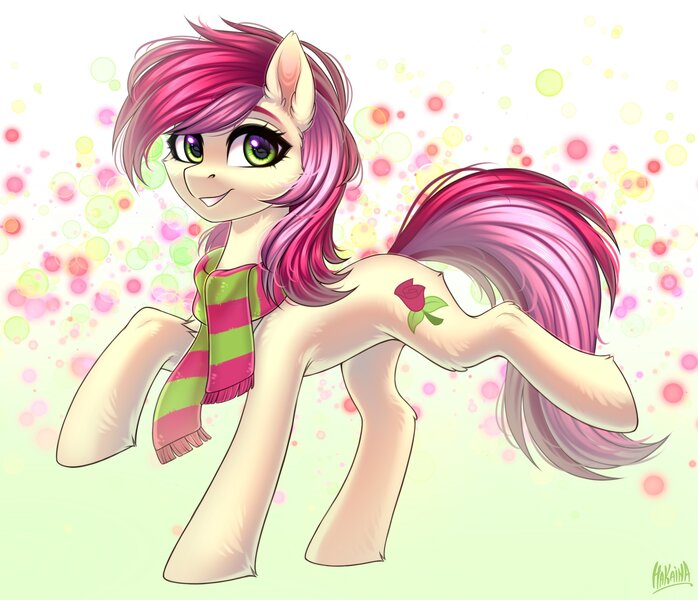 Size: 3200x2750 | Tagged: safe, artist:hakaina, derpibooru import, roseluck, earth pony, pony, cheek fluff, clothes, cute, cuteluck, ear fluff, female, hock fluff, image, jpeg, looking at you, mare, raised hoof, raised leg, scarf, smiling, solo