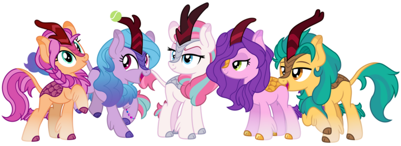 Size: 1024x372 | Tagged: safe, artist:emeraldblast63, derpibooru import, hitch trailblazer, izzy moonbow, pipp petals, sunny starscout, zipp storm, kirin, g5, image, kirinified, mane five (g5), png, species swap