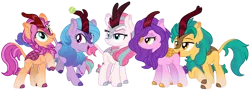 Size: 1024x372 | Tagged: safe, artist:emeraldblast63, derpibooru import, hitch trailblazer, izzy moonbow, pipp petals, sunny starscout, zipp storm, kirin, g5, image, kirinified, mane five (g5), png, species swap