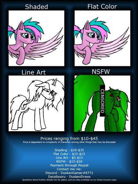 Size: 1200x1600 | Tagged: suggestive, artist:duskendraws, derpibooru import, oc, oc:iota spark, oc:neita rosemary, oc:verran, unofficial characters only, bat pony, pegasus, pony, unicorn, advertisement, commission info, derpibooru exclusive, image, png, simple background