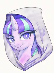 Size: 900x1201 | Tagged: safe, alternate version, artist:raikoh, derpibooru import, starlight glimmer, pony, unicorn, fanfic, bust, cloak, clothes, experiment, fanfic art, fanfic cover, female, image, jpeg, mare, portrait, simple background, smiling, solo, traditional art, watercolor painting, white background