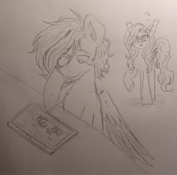 Size: 2596x2562 | Tagged: safe, artist:nightydream, derpibooru import, oc, oc:shadow starbook, oc:sketchwork, unofficial characters only, bat pony, pegasus, pony, female, image, jpeg, mare, monochrome, tablet, traditional art