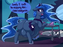 Size: 3470x2609 | Tagged: suggestive, artist:graphenescloset, derpibooru import, princess luna, alicorn, pony, series:luna's blubbering, belly, blushing, butt, cake, crown, ethereal mane, fat, female, floppy ears, food, hoof shoes, image, incentive drive, jewelry, mare, moonbutt, png, princess moonpig, regalia, solo, starry mane, starry tail, stomach noise, tail, the ass was fat, thought bubble, weight gain, weight gain sequence