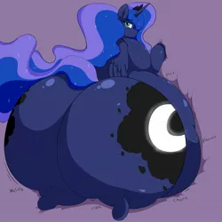 Size: 2048x2048 | Tagged: suggestive, artist:astrum, derpibooru import, princess luna, alicorn, pony, belly, big belly, butt, crown, digital art, ethereal mane, fat, female, frog (hoof), huge belly, huge butt, image, impossibly large belly, impossibly large butt, jewelry, jiggle, jpeg, large butt, looking at you, looking back, looking back at you, lying down, mare, missing accessory, moonbutt, morbidly obese, obese, onomatopoeia, praise the moon, princess moonpig, rear view, regalia, smiling, solo, solo female, squishy, starry mane, starry tail, stomach noise, tail, the ass was fat, thighs, thunder thighs, underhoof, wings, wobbling