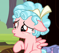 Size: 800x719 | Tagged: safe, derpibooru import, screencap, cozy glow, sniffles, pegasus, pony, marks for effort, spoiler:s08, animated, bag, bags, bow, cropped, crying, curly mane, female, filly, floppy ears, foal, freckles, gif, image, poor thing, sad, sniffing, sniffling, solo, talking, teary eyes, tree, wings