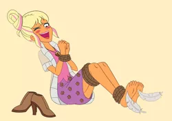 Size: 1280x903 | Tagged: safe, artist:crock2121, derpibooru import, chestnut magnifico, equestria girls, barefoot, blushing, bondage, boots, clothes, crying, feather, feet, female, fetish, foot fetish, foot focus, image, jpeg, laughing, open mouth, shoes, skirt, solo, tears of laughter, tickle torture, tickling