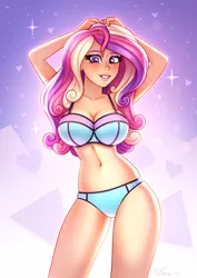 Size: 2232x3157 | Tagged: suggestive, artist:dandy, derpibooru import, princess cadance, human, abstract background, belly button, blushing, bra, breasts, busty princess cadance, cleavage, clothes, female, high res, humanized, image, looking at you, panties, png, rapeface, smiling, solo, solo female, swimsuit, underwear