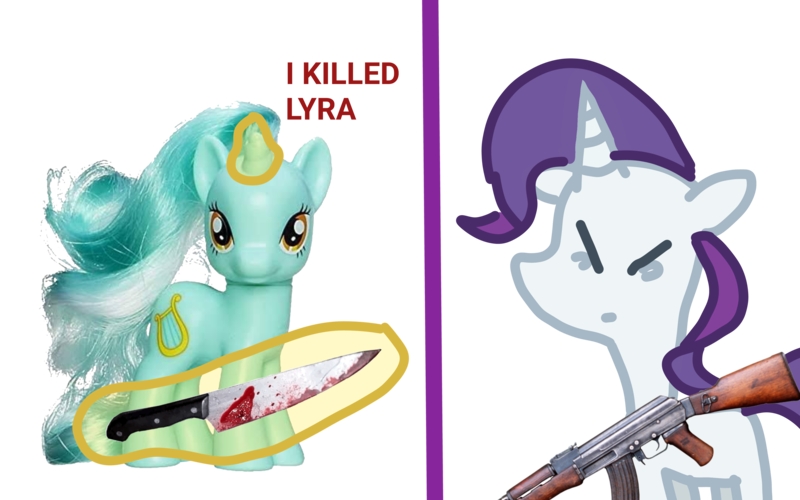 Size: 4000x2500 | Tagged: semi-grimdark, derpibooru import, lyra heartstrings, rarity, pony, unicorn, comic:insane filly rarity, 1000 hours in ms paint, 1000 years in photoshop, ak-47, angry, assault rifle, blood, bloody knife, female, filly, filly rarity, glow, glowing horn, gun, horn, image, implied death, implied murder, irl, irl photo, irl toy, knife, lyre, magic, magic aura, musical instrument, not salmon, photo, png, rifle, simple background, text, toy, transparent background, wat, weapon, yellow eyes, younger