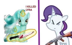 Size: 4000x2500 | Tagged: semi-grimdark, derpibooru import, lyra heartstrings, rarity, pony, unicorn, comic:insane filly rarity, 1000 hours in ms paint, 1000 years in photoshop, ak-47, angry, assault rifle, blood, bloody knife, female, filly, filly rarity, glow, glowing horn, gun, horn, image, implied death, implied murder, irl, irl photo, irl toy, knife, lyre, magic, magic aura, musical instrument, not salmon, photo, png, rifle, simple background, text, toy, transparent background, wat, weapon, yellow eyes, younger
