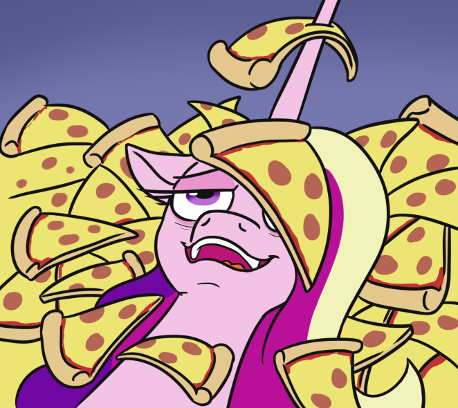 Size: 662x590 | Tagged: safe, artist:jargon scott, derpibooru import, princess cadance, alicorn, pony, female, food, gradient background, horn, horn impalement, image, lidded eyes, lying down, mare, on back, open mouth, open smile, peetzer, pizza, png, smiling, solo, that pony sure does love pizza