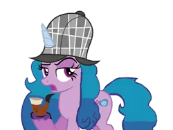 Size: 1280x960 | Tagged: safe, artist:detectivefrankie, derpibooru import, izzy moonbow, pony, unicorn, my little pony: a new generation, deerstalker, detective, female, g4 to g5, g5, hat, horn, image, pipe, png, sherlock holmes, simple background, solo