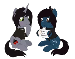 Size: 2015x1580 | Tagged: safe, artist:dyonys, derpibooru import, oc, ponified:kellin quinn, ponified:oliver sykes, earth pony, pony, undead, zombie, zombie pony, bring me the horizon, clothes, commission, disguise, disguised siren, gay, holiday, horn, image, jewelry, male, necklace, png, shirt, simple background, sitting, sleeping with sirens, stallion, stallion on stallion, text, transparent background, valentine, valentine's day, ych result