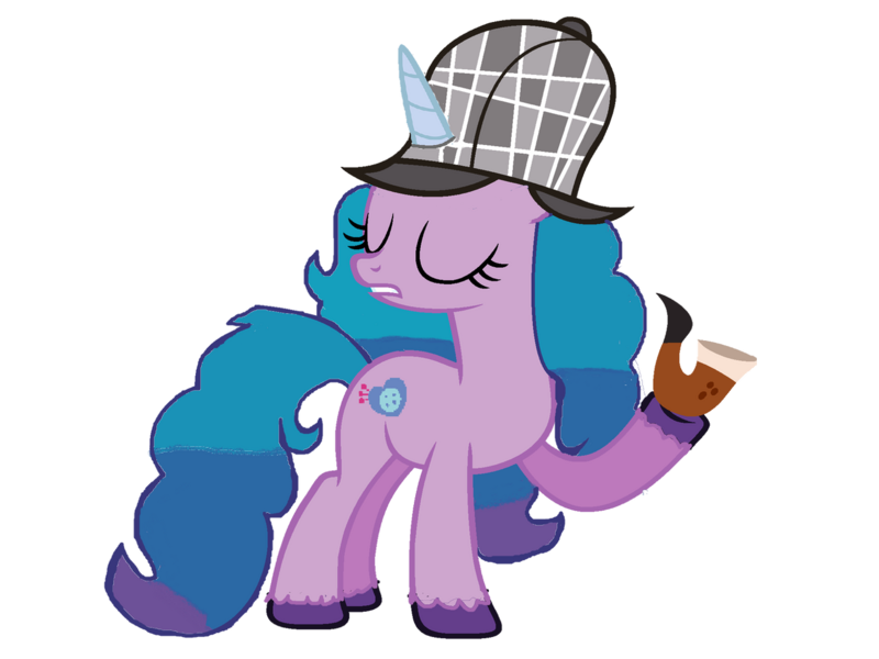 Size: 1280x960 | Tagged: safe, artist:detectivefrankie, derpibooru import, izzy moonbow, pony, unicorn, my little pony: a new generation, deerstalker, detective, eyes closed, female, g5, g5 to g4, hat, image, pipe, png, sherlock holmes, simple background, solo, transparent background