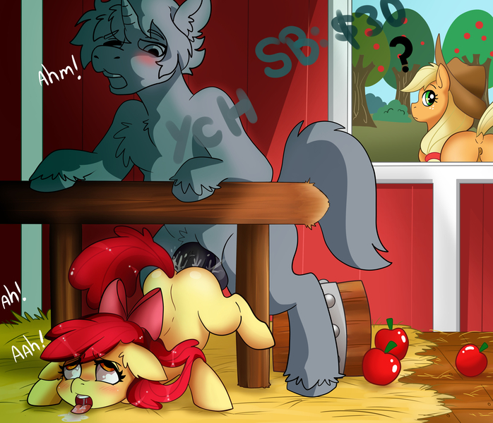 Size: 5000x4299 | Tagged: artist needed, explicit, derpibooru import, apple bloom, applejack, pony, age difference, ahegao, commission, female, filly, foalcon, image, jpeg, male, open mouth, stallion, stallion on filly, straight, tongue out, underage, your character here