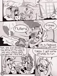 Size: 1050x1400 | Tagged: safe, artist:provolonepone, derpibooru import, applejack, fluttershy, pinkie pie, earth pony, pegasus, pony, comic:sapphic story, applejack's hat, comic, cowboy hat, dialogue, female, flutterpie, hat, image, leaves, lesbian, png, ponyville, rain, shipping, speech bubble, tree