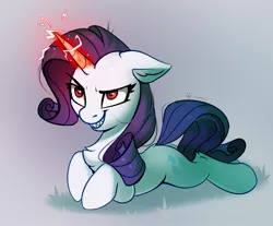 Size: 1400x1160 | Tagged: safe, artist:taneysha, derpibooru import, rarity, pony, unicorn, my little pony: a new generation, evil rarity, female, g5, glow, glowing horn, horn, image, jpeg, lying down, mare, possessed, prone, red eyes, sharp teeth, solo, sproutity, teeth