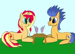 Size: 1280x930 | Tagged: safe, artist:icedragon2269, derpibooru import, flash sentry, sunset shimmer, pegasus, pony, unicorn, female, flashimmer, grin, image, jpeg, looking at each other, looking at someone, lying down, male, milkshake, prone, shipping, smiling, straight