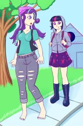 Size: 1949x2957 | Tagged: safe, artist:beth, derpibooru import, sci-twi, starlight glimmer, twilight sparkle, equestria girls, barefoot, barefooting, clothes, feet, image, jeans, pants, png, ripped jeans, ripped pants, sweater, torn clothes