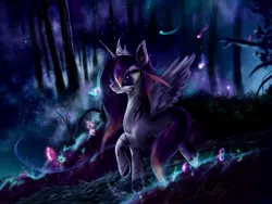 Size: 2048x1536 | Tagged: safe, artist:andley, derpibooru import, oc, oc:shining dusk, unofficial characters only, alicorn, pony, crown, crystal, dream, female, flower, forest, grass, image, jewelry, jpeg, magic, mare, night, regalia, smiling, solo, tattoo, tree, walking, water