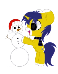 Size: 789x1013 | Tagged: safe, artist:starbatto, derpibooru import, oc, oc:seigwestwood, unofficial characters only, pony, unicorn, chibi, christmas, clothes, cutie mark, happy, hat, holiday, image, male, png, santa hat, scarf, simple background, snowman, solo, transparent background