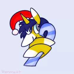 Size: 1000x1000 | Tagged: safe, artist:vommutt, derpibooru import, oc, oc:seigwestwood, unofficial characters only, pony, unicorn, candy, candy cane, christmas, commission, food, hat, holiday, image, jpeg, male, minimalist, modern art, santa hat, simple background, solo, ych result