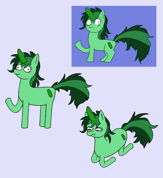 Size: 2100x2300 | Tagged: artist needed, safe, artist:potatoconnoisseur, derpibooru import, oc, unnamed oc, unofficial characters only, pony, unicorn, derpibooru exclusive, female, food, image, mare, pickle, pickle surprise, png, sad, simple background