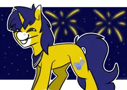 Size: 3508x2480 | Tagged: safe, artist:jellysiek, derpibooru import, oc, oc:seigwestwood, unofficial characters only, unicorn, bandana, cutie mark, fireworks, happy new year, holiday, image, male, png, solo, sparkler (firework), stars