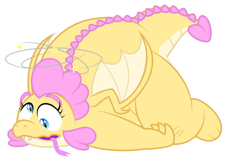 Size: 1280x903 | Tagged: safe, artist:aleximusprime, derpibooru import, oc, oc:buttercream, oc:buttercream the dragon, dragon, flurry heart's story, chubby, derp, dizzy, dragon oc, dragoness, fat, female, forked tongue, heart shaped, image, injured, lying down, plump, png, stars, tongue out, tripped