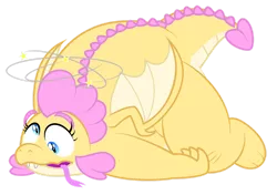 Size: 1280x903 | Tagged: safe, artist:aleximusprime, derpibooru import, oc, oc:buttercream, oc:buttercream the dragon, dragon, flurry heart's story, chubby, derp, dizzy, dragon oc, dragoness, fat, female, forked tongue, heart shaped, image, injured, lying down, plump, png, stars, tongue out, tripped