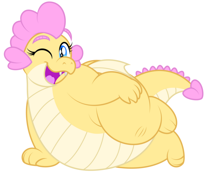 Size: 1600x1352 | Tagged: safe, artist:aleximusprime, derpibooru import, oc, oc:buttercream, oc:buttercream the dragon, dragon, flurry heart's story, chubby, cute, dragoness, dragon oc, fat, female, flirt, flirting, flirty, hand on hip, heart shaped, image, modeling, one eye closed, plump, png, posing for photo, sexy, wink