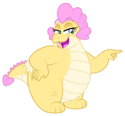 Size: 1600x1489 | Tagged: safe, artist:aleximusprime, derpibooru import, oc, oc:buttercream, oc:buttercream the dragon, dragon, flurry heart's story, chubby, cute, dragoness, dragon oc, fat, female, hand on hip, image, i see what you did there, plump, png, pointing, sassy, teasing