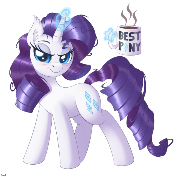 Size: 4000x4000 | Tagged: safe, artist:ziemniax, derpibooru import, rarity, pony, unicorn, absurd resolution, best pony, blushing, coffee, coffee mug, ear fluff, female, glow, glowing horn, horn, image, looking at you, magic, mare, messy hair, messy mane, mug, png, signature, simple background, solo, telekinesis, transparent background